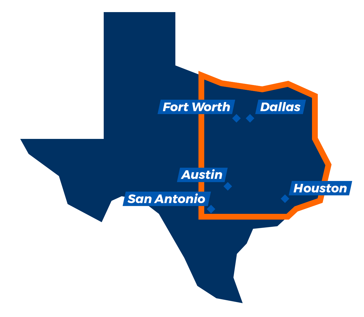  Texas map highlighting the northeast region.